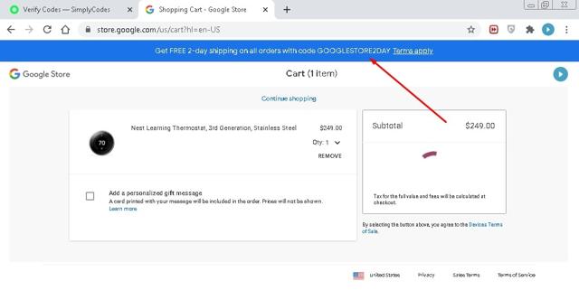 Nest checkout page showing Nest promo code box | Screenshot taken by SimplyCodes community member on Jul 13, 2020