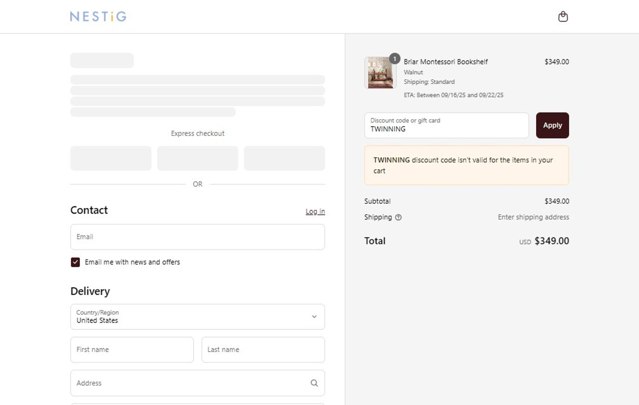 Nestig checkout page showing Nestig discount code box | Screenshot taken by SimplyCodes community member on Sep 5, 2025