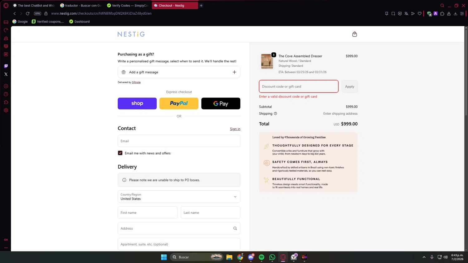 Nestig promo code screenshot showing code ADDTOORDER applied at Nestig checkout page. Uploaded by SimplyCodes community member PrimeVirtuoso9679 on Feb 7, 2026