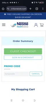 Nestle Health Science Nutrition Store coupon verification screenshot