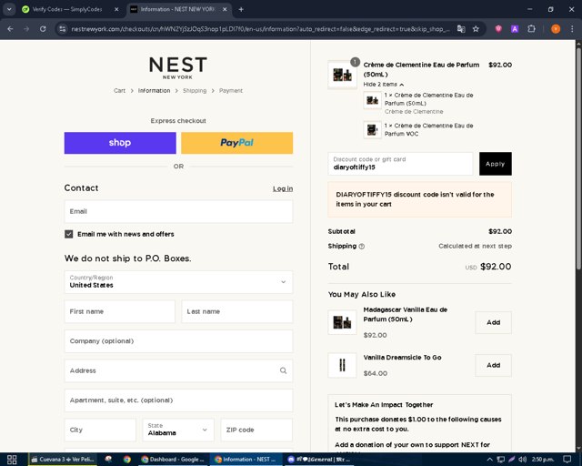 NEST New York checkout page showing NEST New York promo code box | Screenshot taken by SimplyCodes community member on Sep 3, 2025