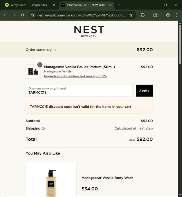 NEST New York checkout page showing NEST New York promo code box | Screenshot taken by SimplyCodes community member on Sep 3, 2025