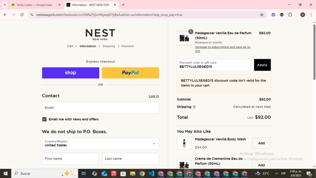 NEST New York checkout page showing NEST New York promo code box | Screenshot taken by SimplyCodes community member on Sep 3, 2025