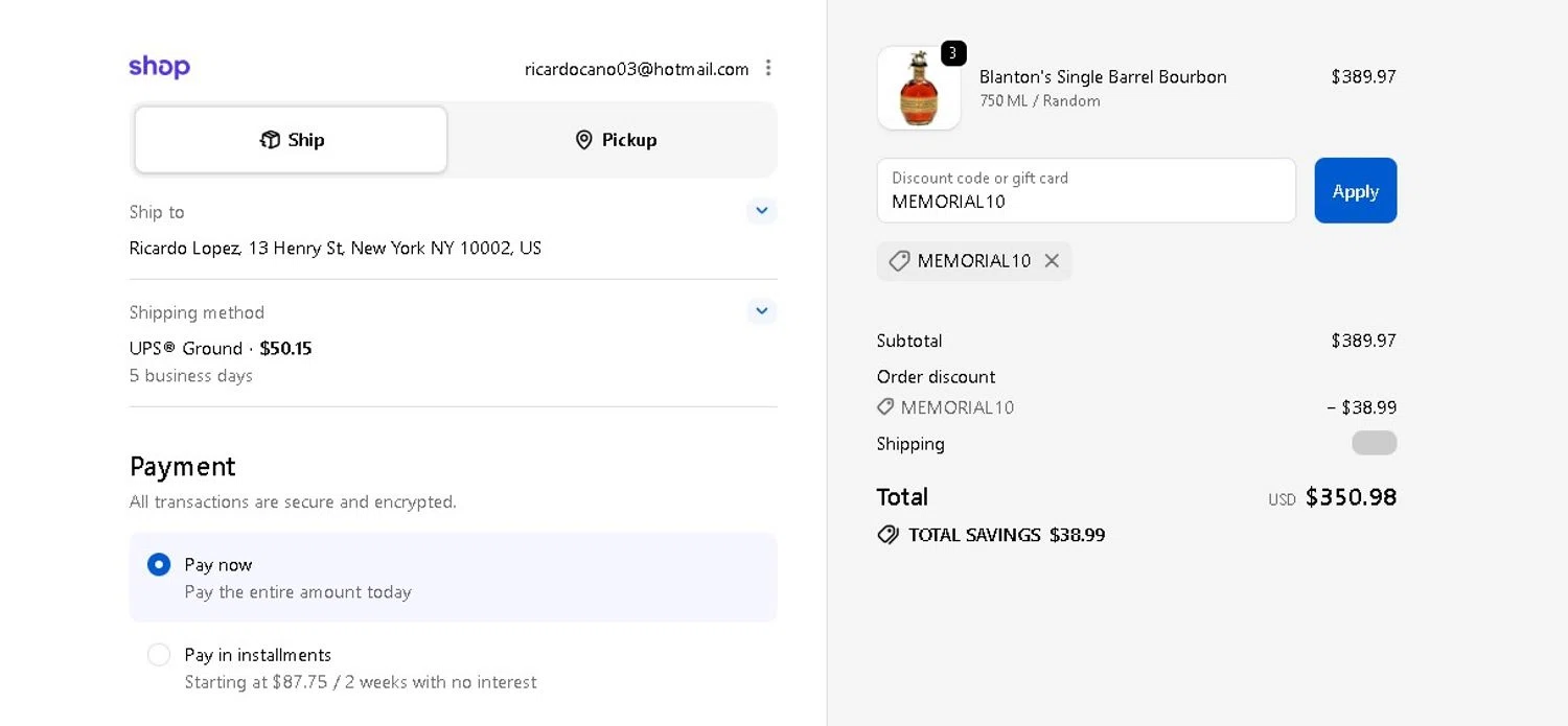 Nestor Liquor promo code screenshot showing code MEMORIAL10 applied at Nestor Liquor checkout page. Uploaded by SimplyCodes community member LAMINEJAMAL on May 24, 2026