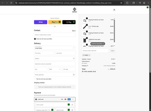 NESTOUT checkout page showing NESTOUT discount code box | Screenshot taken by SimplyCodes community member on Oct 4, 2025