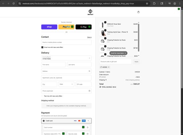 NESTOUT checkout page showing NESTOUT discount code box | Screenshot taken by SimplyCodes community member on Oct 4, 2025
