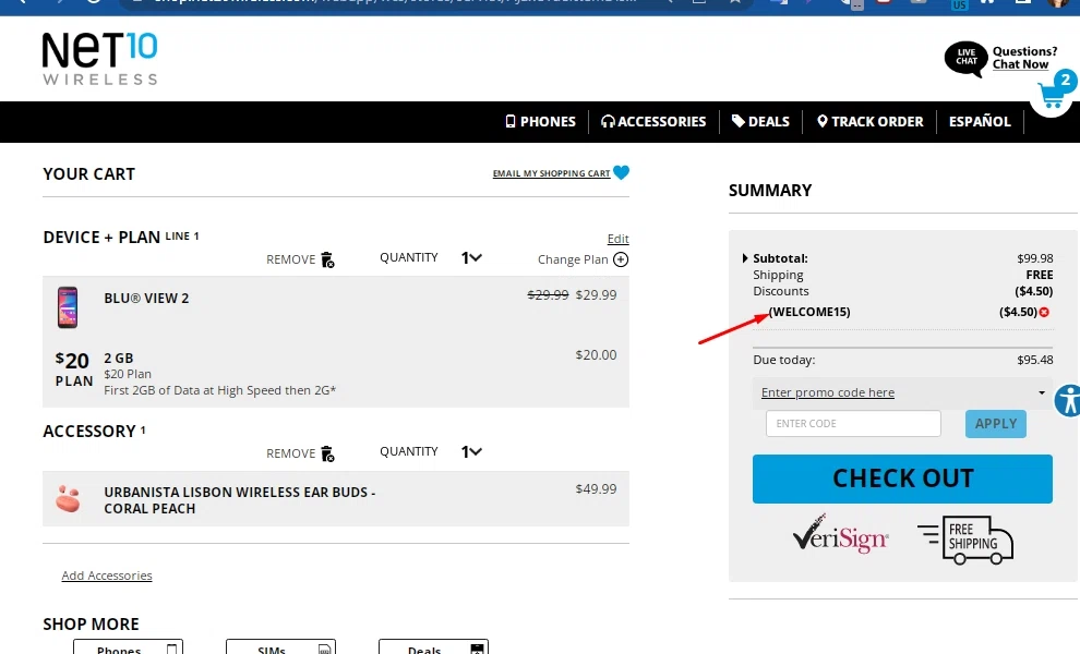 Net10 Wireless checkout page showing Net10 Wireless promo code box | Screenshot taken by SimplyCodes community member on Jan 7, 2023