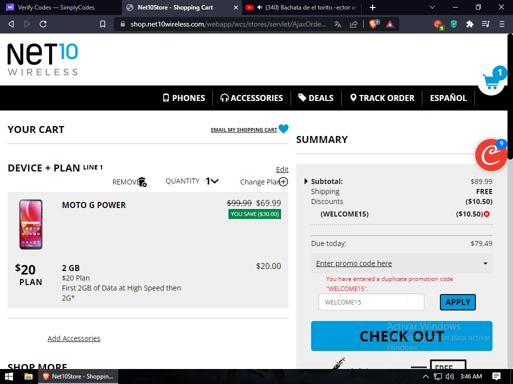 Net10 Wireless checkout page showing Net10 Wireless promo code box | Screenshot taken by SimplyCodes community member on Jul 19, 2023