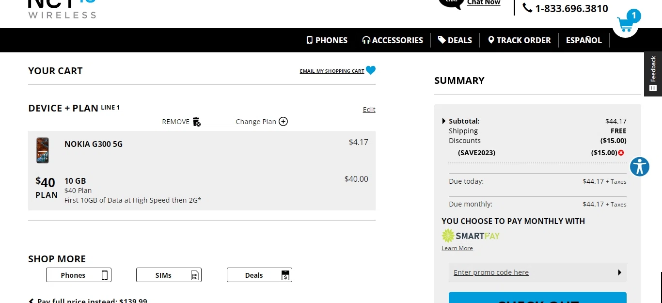 Net10 Wireless checkout page showing Net10 Wireless promo code box | Screenshot taken by SimplyCodes community member on Jul 25, 2023