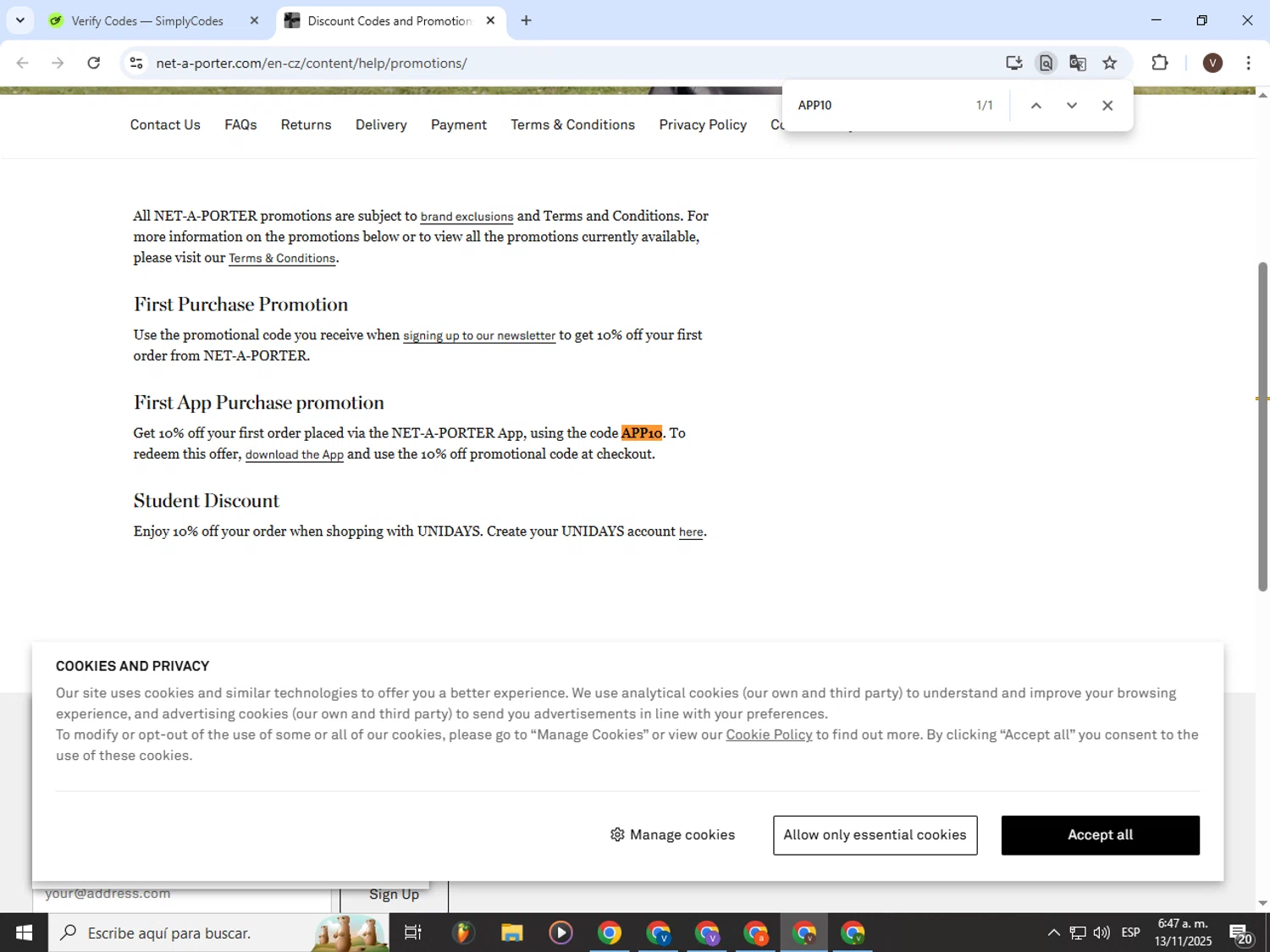 Net-A-Porter checkout page showing Net-A-Porter promo code box | Screenshot taken by SimplyCodes community member on Nov 13, 2025