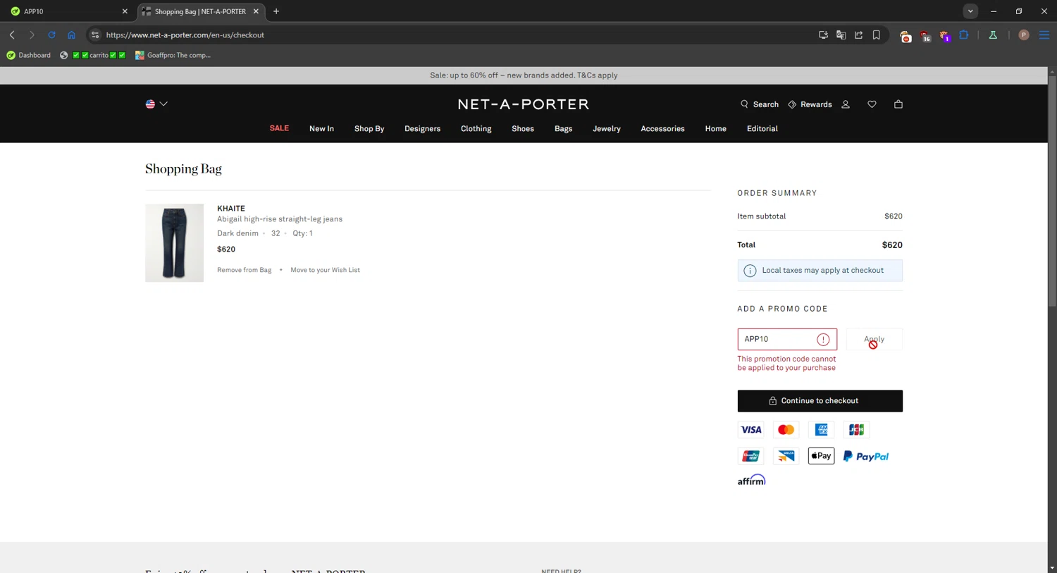 Net-A-Porter promo code screenshot showing code APP10 applied at Net-A-Porter checkout page. Uploaded by SimplyCodes community member CrownPro3073 on Dec 27, 2025