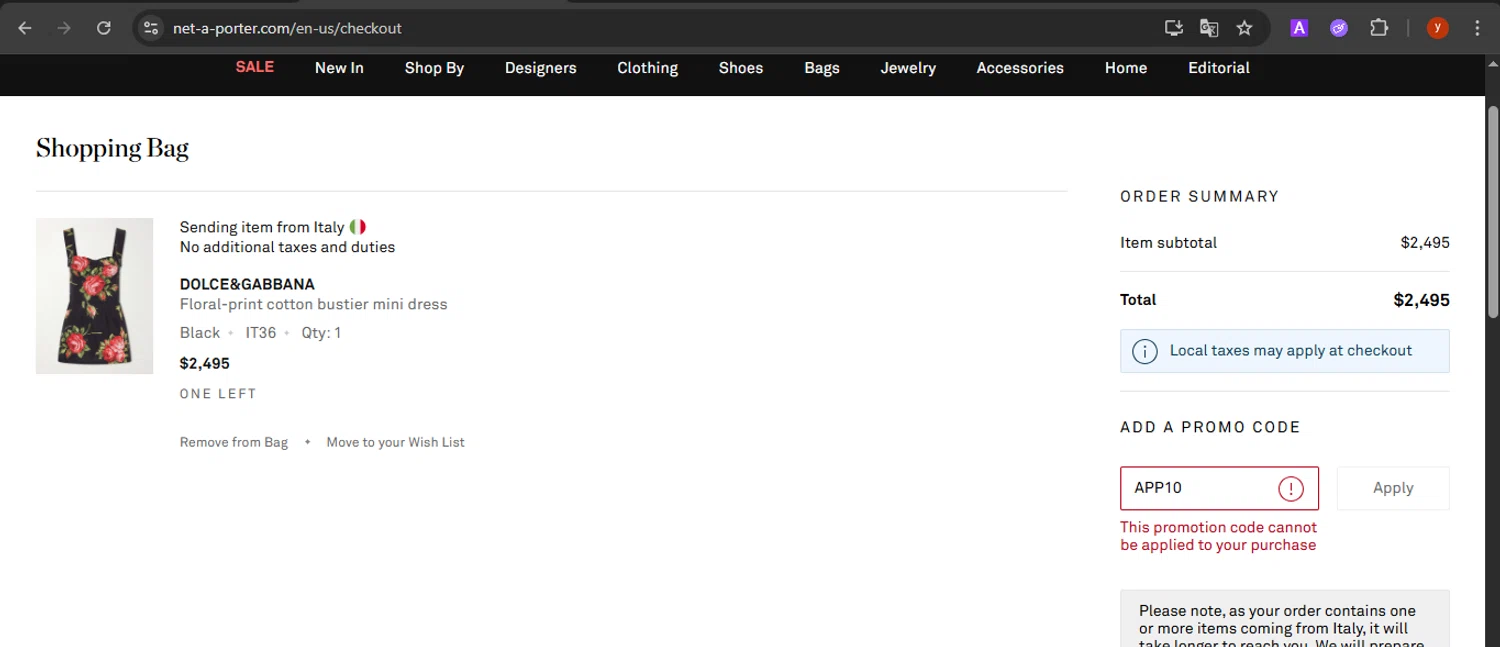 Net-A-Porter promo code screenshot showing code APP10 applied at Net-A-Porter checkout page. Uploaded by SimplyCodes community member CrownTiger7501 on Dec 27, 2025