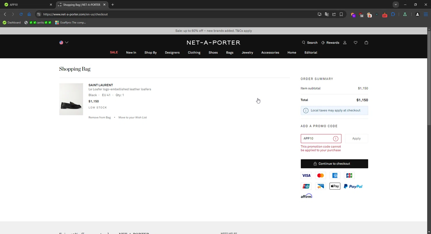 Net-A-Porter promo code screenshot showing code APP10 applied at Net-A-Porter checkout page. Uploaded by SimplyCodes community member Mriko_Kien_lo_lea on Dec 27, 2025