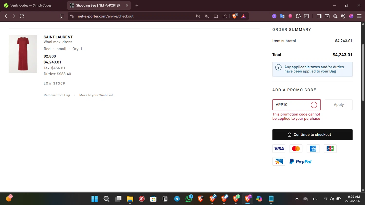 Net-A-Porter checkout page showing Net-A-Porter promo code box | Screenshot taken by SimplyCodes community member on Feb 14, 2026