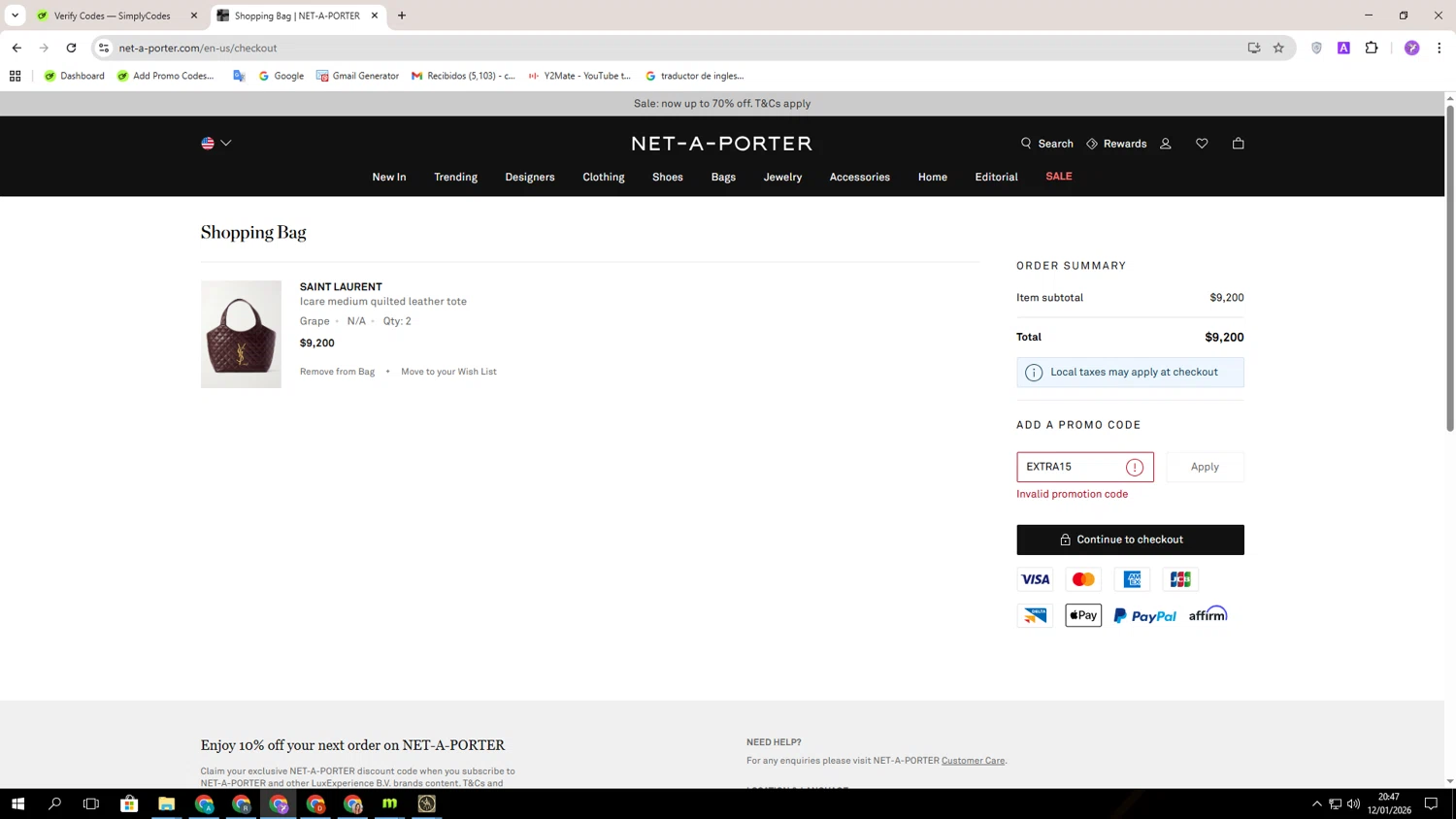 Net-A-Porter promo code screenshot showing code EXTRA15 applied at Net-A-Porter checkout page. Uploaded by SimplyCodes community member CouponSentinel5832 on Jan 13, 2026