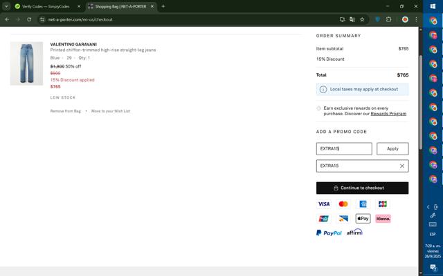 Net-A-Porter checkout page showing Net-A-Porter promo code box | Screenshot taken by SimplyCodes community member on Sep 26, 2025
