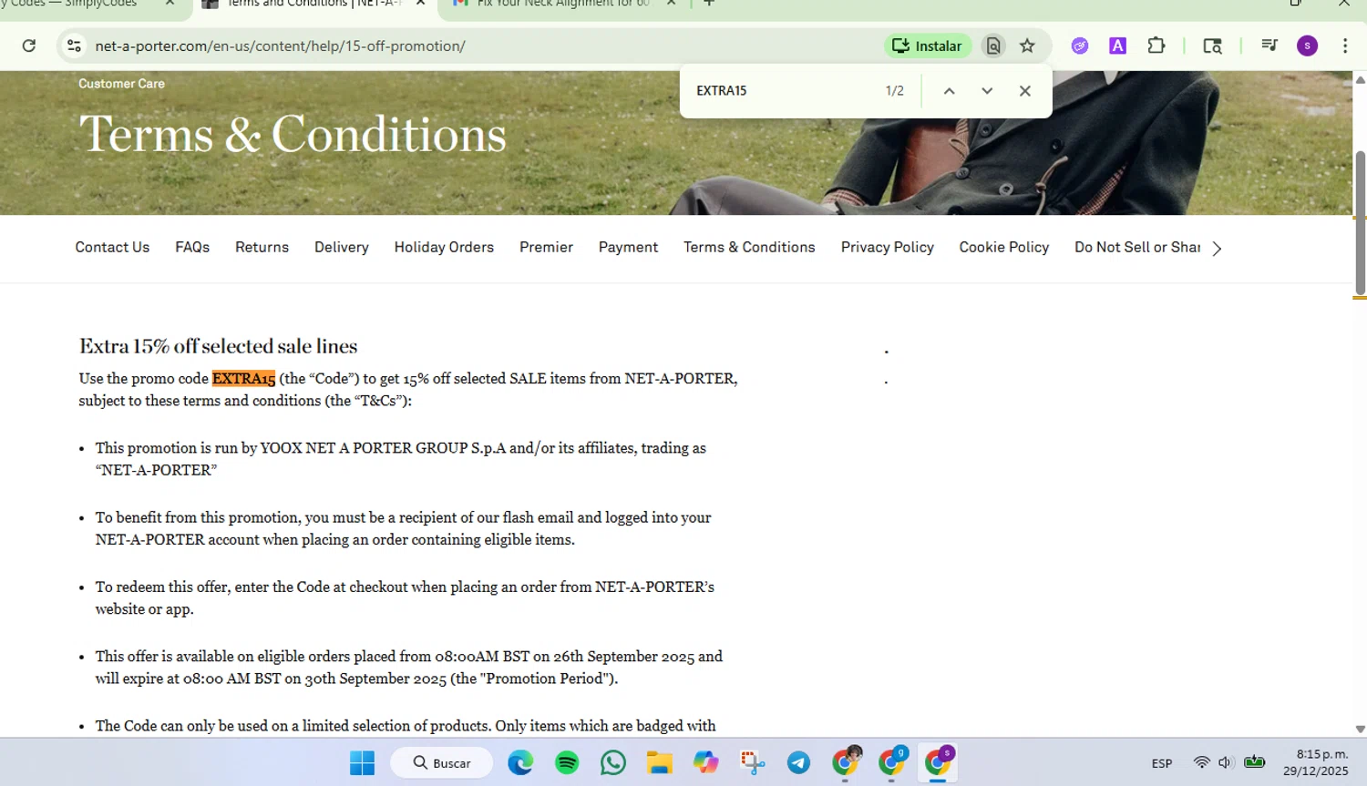 Net-A-Porter checkout page showing Net-A-Porter promo code box | Screenshot taken by SimplyCodes community member on Dec 30, 2025