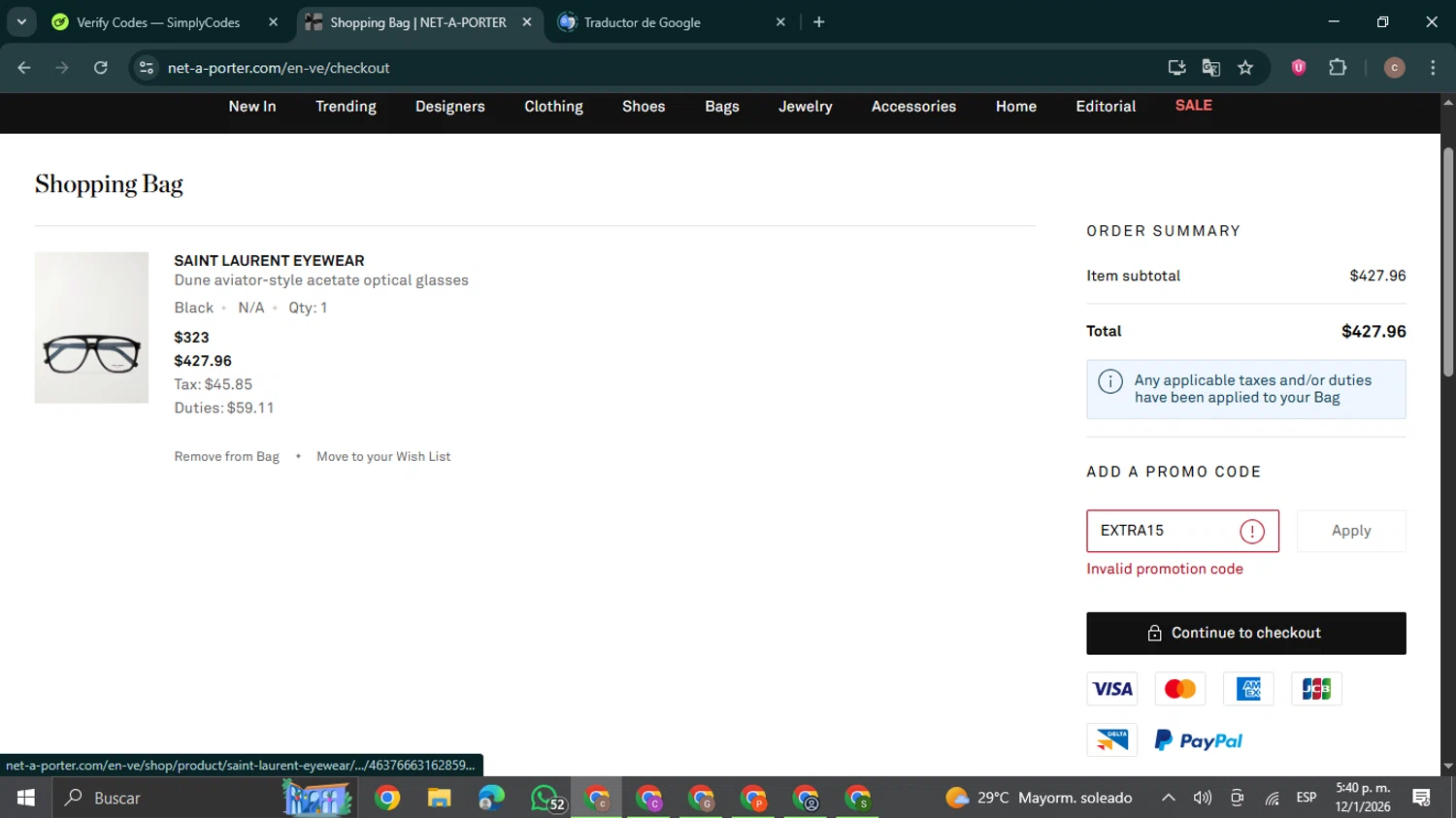 Net-A-Porter promo code screenshot showing code EXTRA15 applied at Net-A-Porter checkout page. Uploaded by SimplyCodes community member NobleExpert6497 on Jan 12, 2026