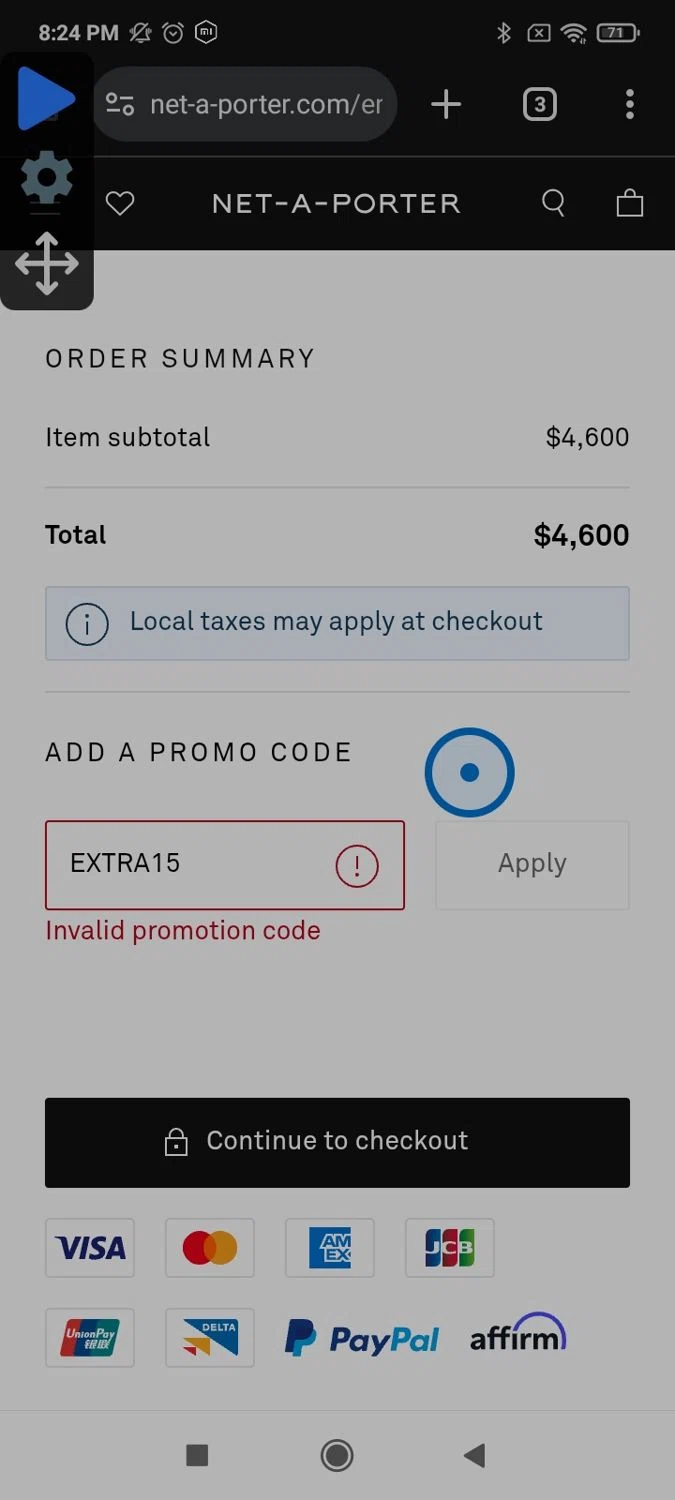 Net-A-Porter promo code screenshot showing code EXTRA15 applied at Net-A-Porter checkout page. Uploaded by SimplyCodes community member Papiex on Jan 13, 2026
