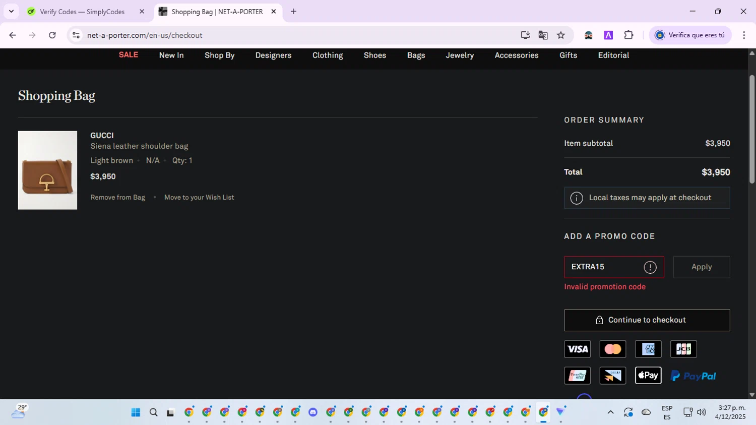 Net-A-Porter promo code screenshot showing code EXTRA15 applied at Net-A-Porter checkout page. Uploaded by SimplyCodes community member SwiftWarden6832 on Dec 4, 2025