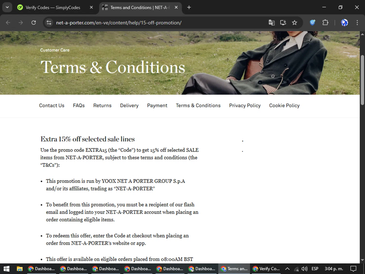 Net-A-Porter checkout page showing Net-A-Porter promo code box | Screenshot taken by SimplyCodes community member on Feb 21, 2026