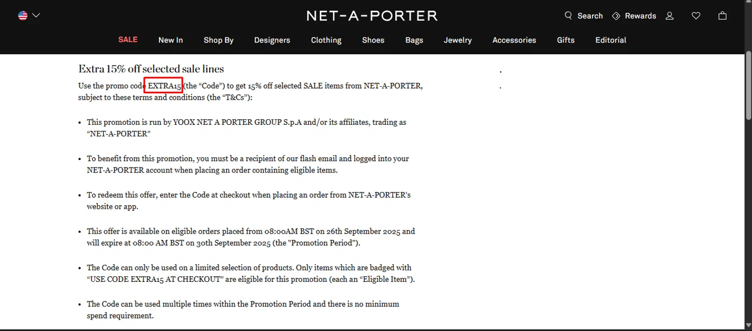Net-A-Porter promo code screenshot showing code EXTRA15 applied at Net-A-Porter checkout page. Uploaded by SimplyCodes community member noworries on Dec 12, 2025