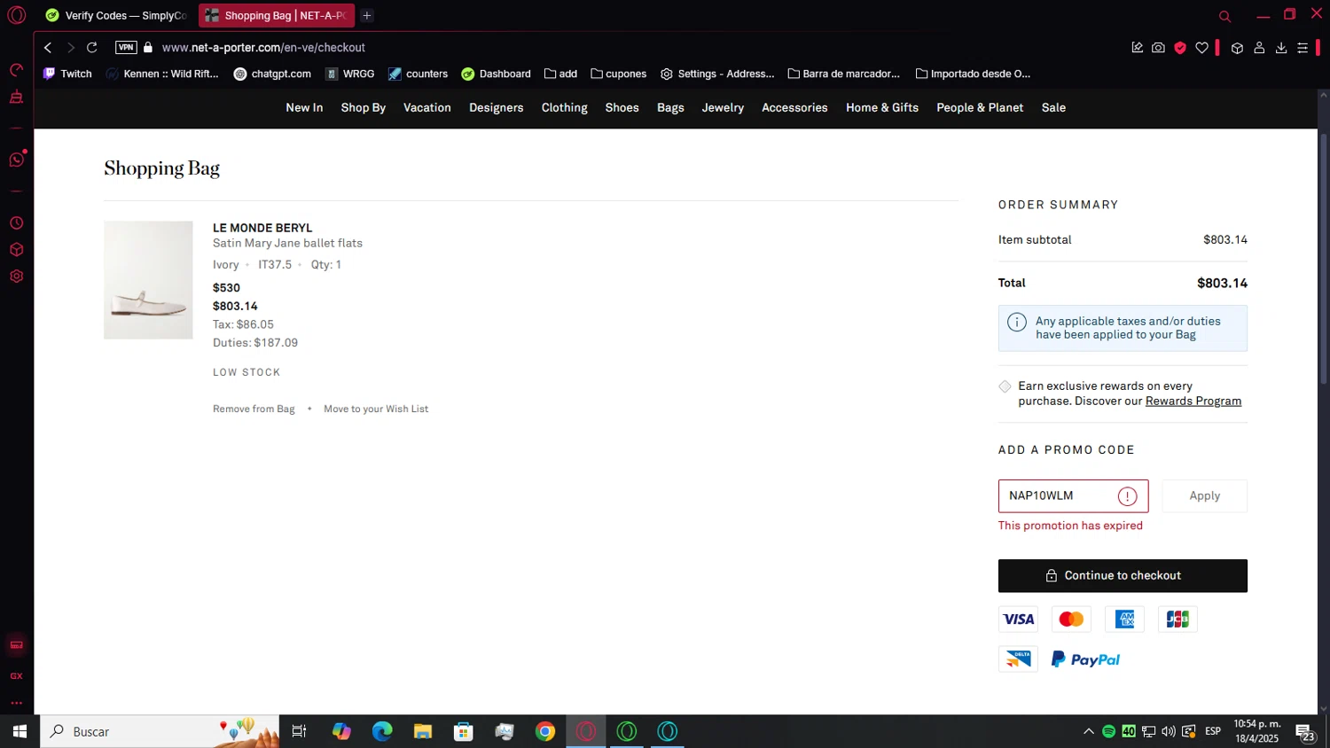 Net-A-Porter promo code screenshot showing code NAP10WLM applied at Net-A-Porter checkout page. Uploaded by SimplyCodes community member Chukaflu on Apr 19, 2025