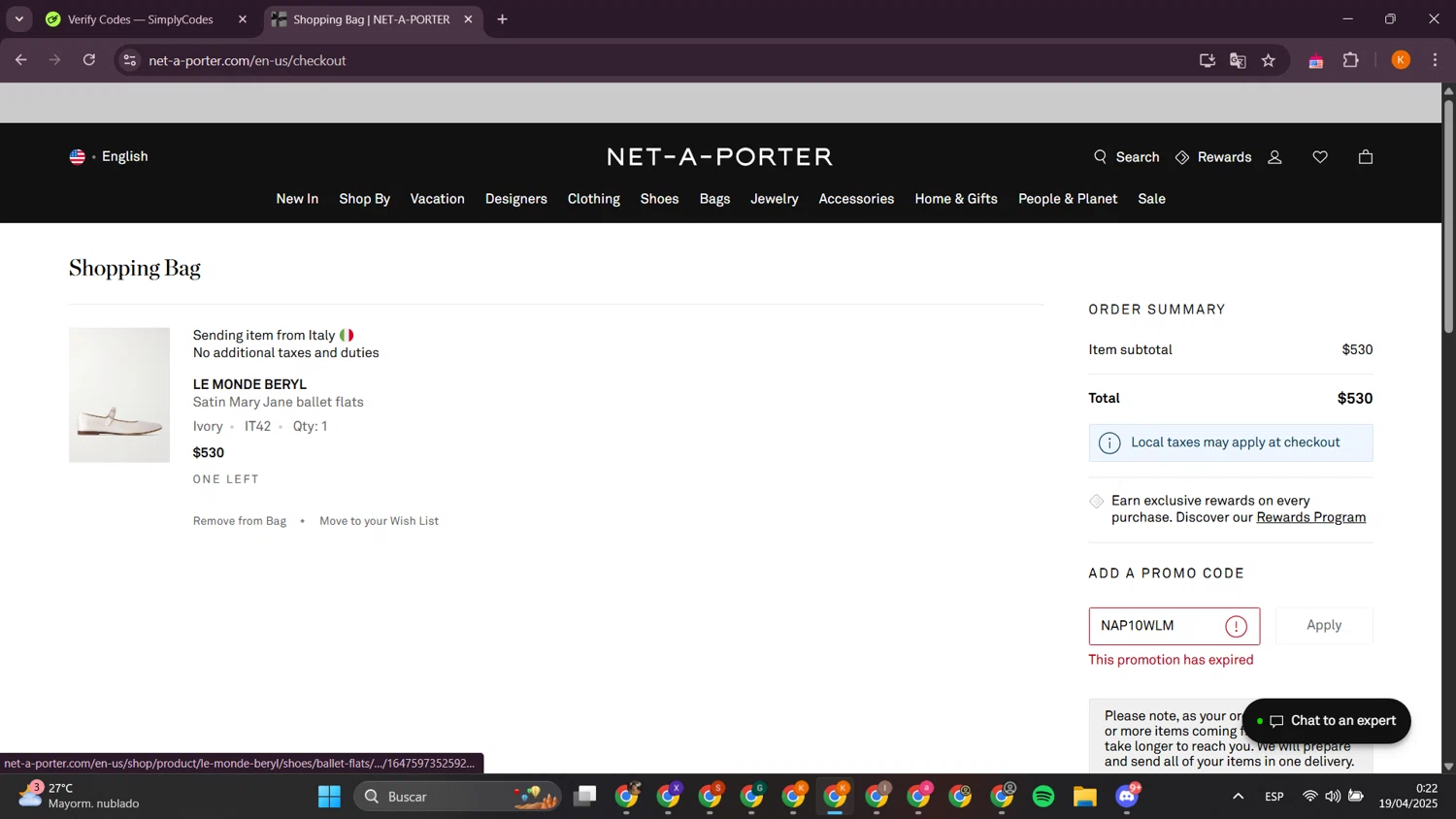 Net-A-Porter promo code screenshot showing code NAP10WLM applied at Net-A-Porter checkout page. Uploaded by SimplyCodes community member davidsalazar on Apr 19, 2025