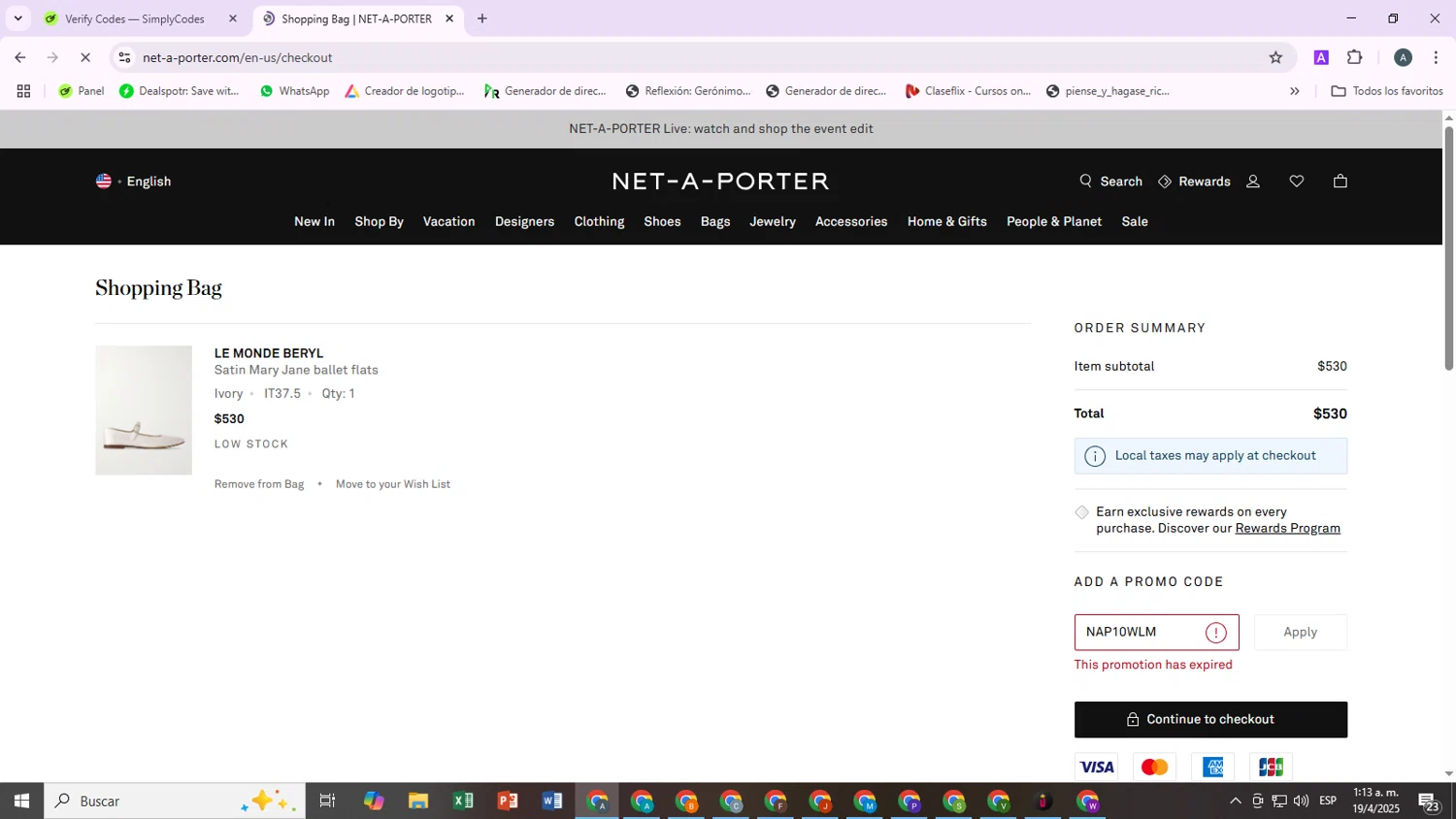 Net-A-Porter promo code screenshot showing code NAP10WLM applied at Net-A-Porter checkout page. Uploaded by SimplyCodes community member mora_2301 on Apr 19, 2025