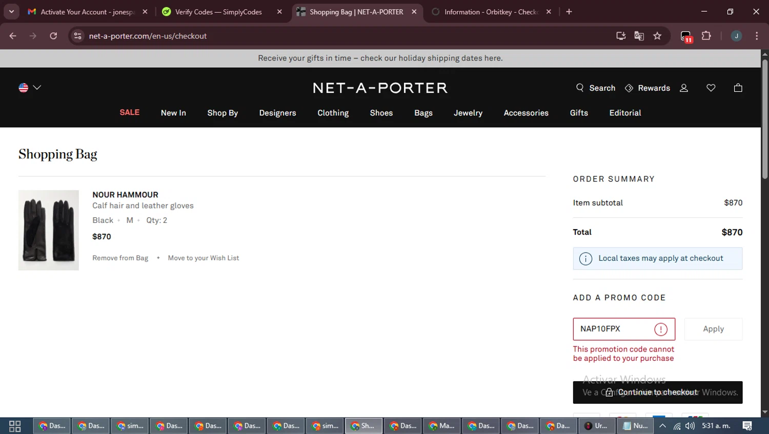 Net-A-Porter promo code screenshot showing code NAP10FPX applied at Net-A-Porter checkout page. Uploaded by SimplyCodes community member ScanLynx8928 on Dec 17, 2025