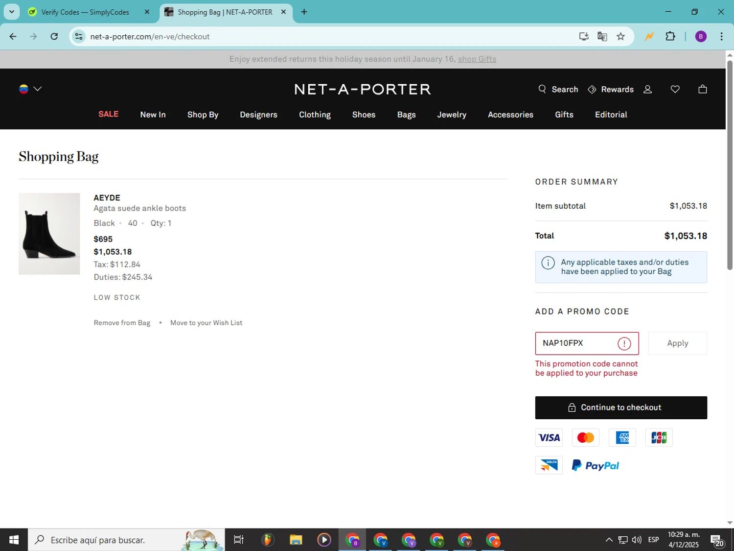 Net-A-Porter checkout page showing Net-A-Porter promo code box | Screenshot taken by SimplyCodes community member on Dec 4, 2025