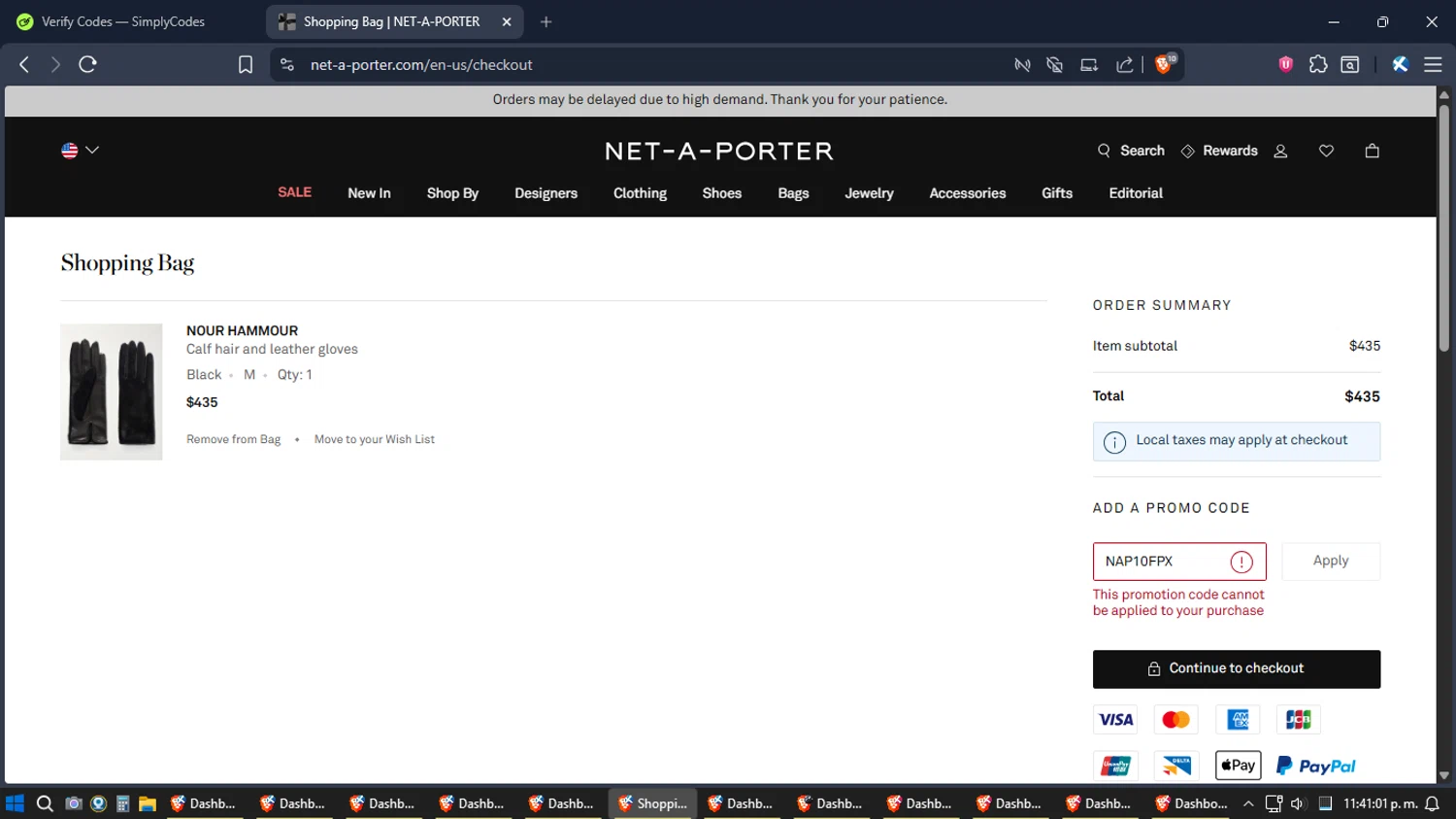 Net-A-Porter promo code screenshot showing code NAP10FPX applied at Net-A-Porter checkout page. Uploaded by SimplyCodes community member TreasureExpert3303 on Dec 17, 2025