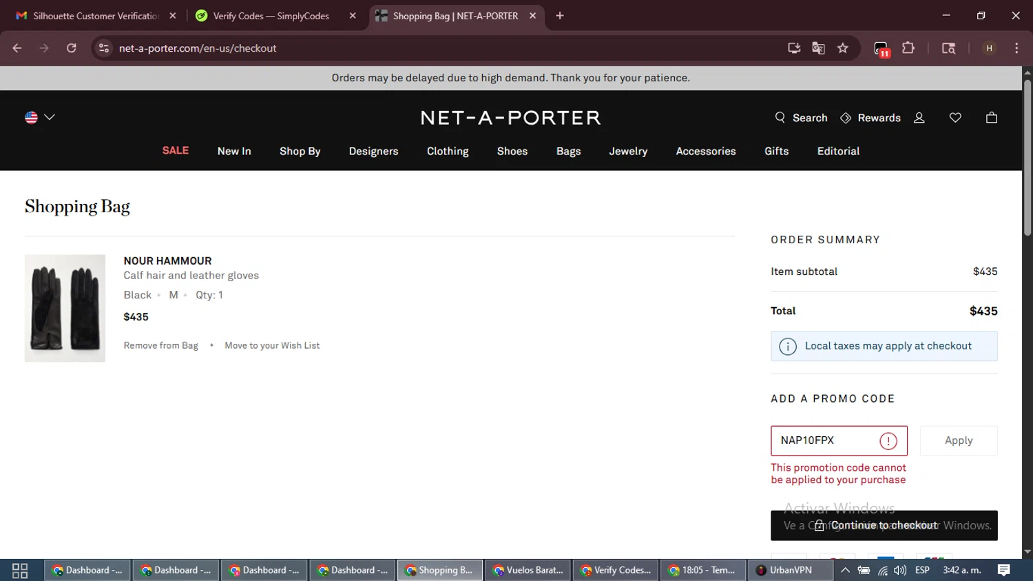 Net-A-Porter promo code screenshot showing code NAP10FPX applied at Net-A-Porter checkout page. Uploaded by SimplyCodes community member VictoriousPioneer8823 on Dec 17, 2025