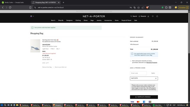 Net-A-Porter checkout page showing Net-A-Porter promo code box | Screenshot taken by SimplyCodes community member on Aug 25, 2025