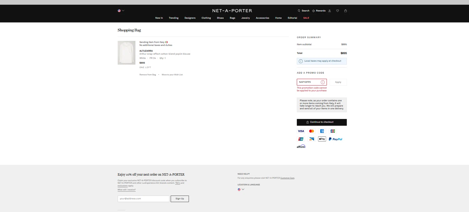 Net-A-Porter promo code screenshot showing code NAP10FPX applied at Net-A-Porter checkout page. Uploaded by SimplyCodes community member reggiesmith on Feb 9, 2026
