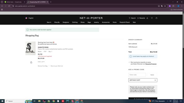 Net-A-Porter checkout page showing Net-A-Porter promo code box | Screenshot taken by SimplyCodes community member on Aug 28, 2025