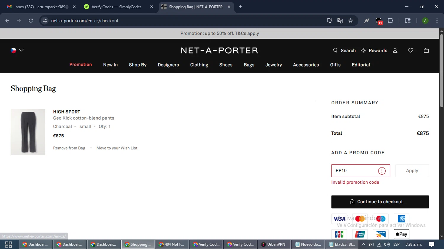 Net-A-Porter promo code screenshot showing code PP10 applied at Net-A-Porter checkout page. Uploaded by SimplyCodes community member CashLynx5338 on Nov 25, 2025