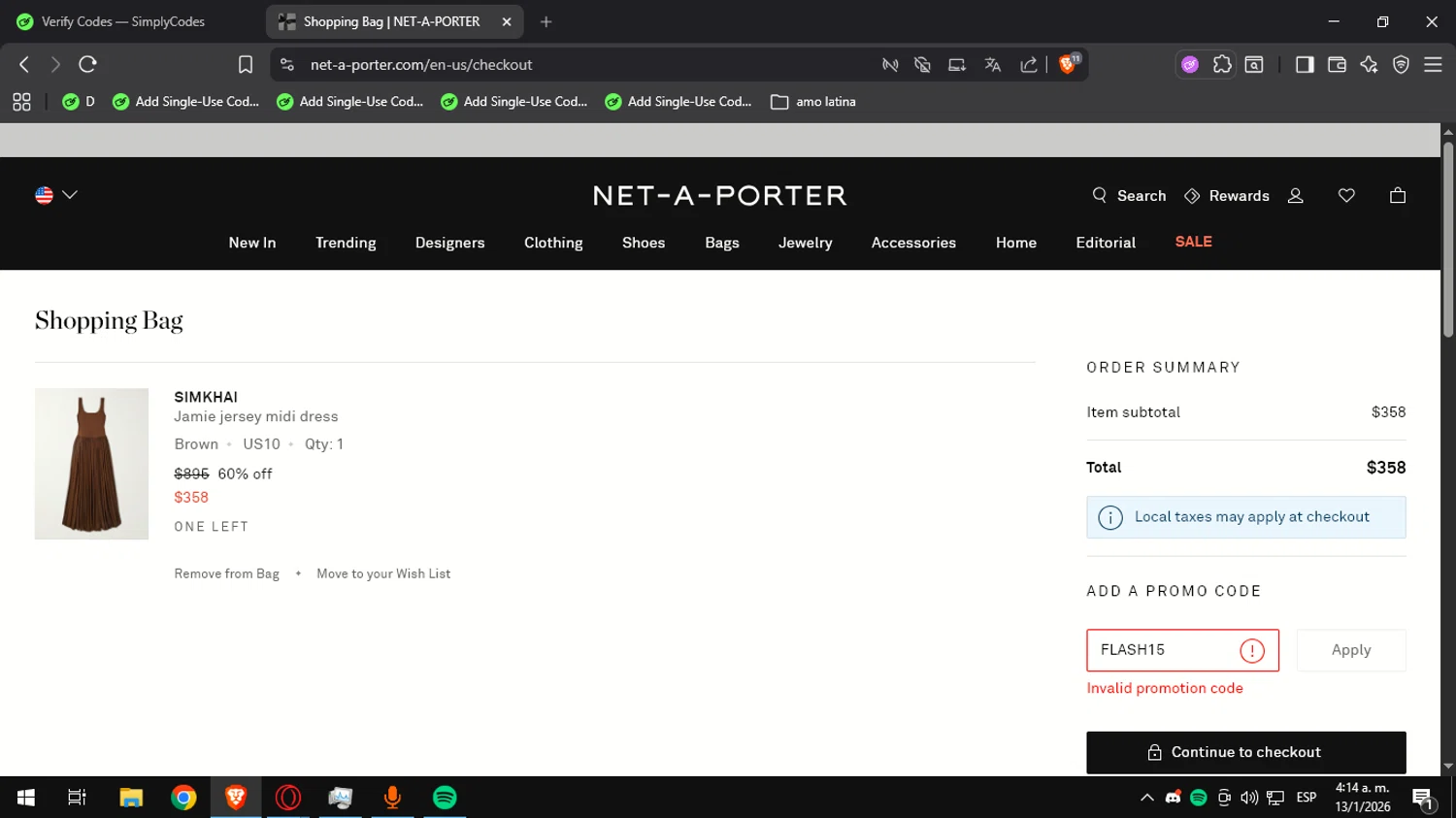 Net-A-Porter promo code screenshot showing code FLASH15 applied at Net-A-Porter checkout page. Uploaded by SimplyCodes community member Opeishon on Jan 13, 2026