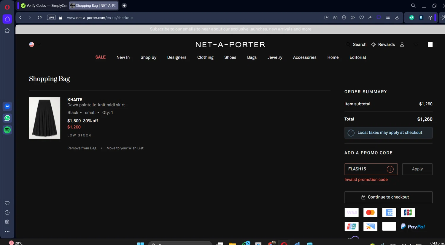 Net-A-Porter promo code screenshot showing code FLASH15 applied at Net-A-Porter checkout page. Uploaded by SimplyCodes community member DiscountSleuth2229 on Dec 26, 2025