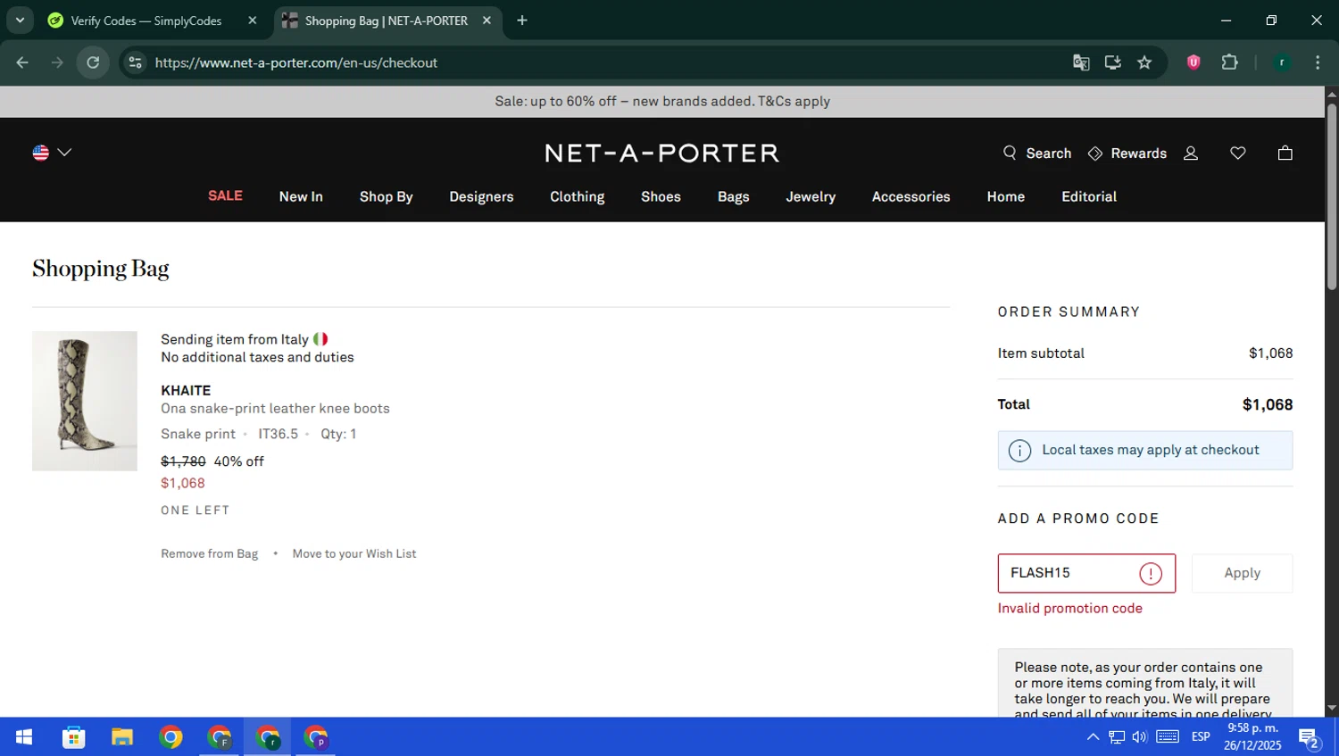 Net-A-Porter promo code screenshot showing code FLASH15 applied at Net-A-Porter checkout page. Uploaded by SimplyCodes community member rodri1 on Dec 27, 2025