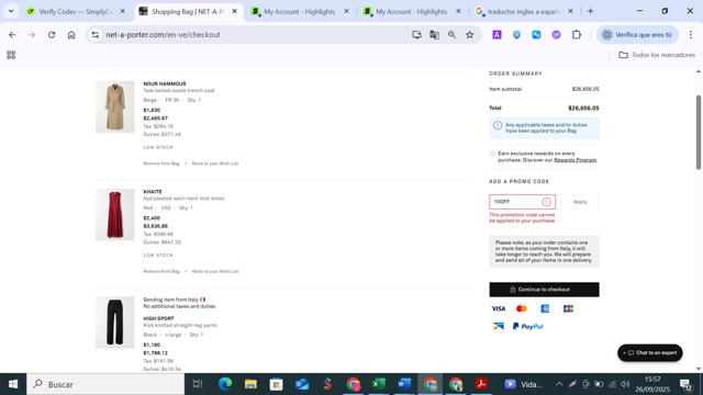 Net-A-Porter checkout page showing Net-A-Porter promo code box | Screenshot taken by SimplyCodes community member on Sep 26, 2025