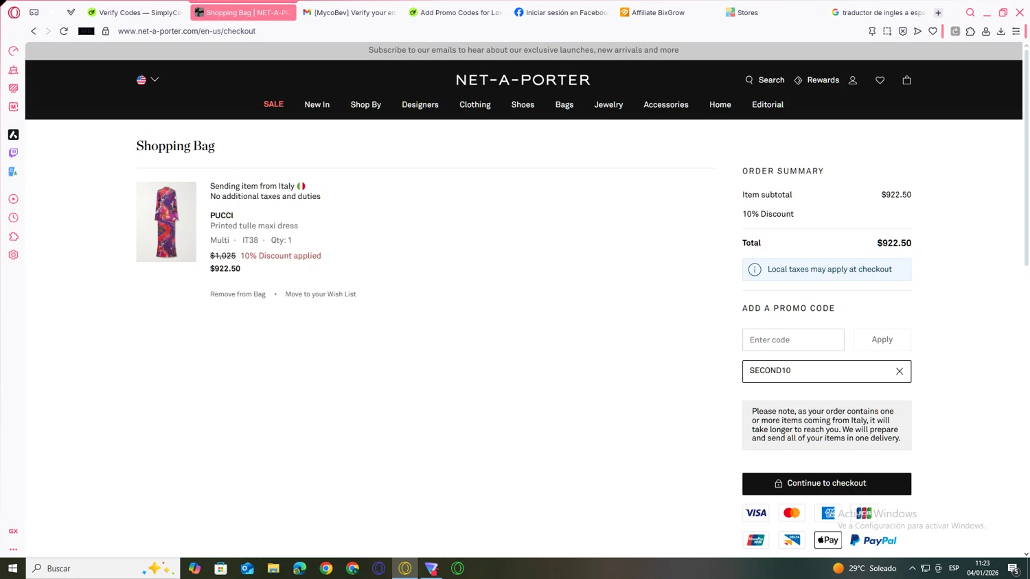 Net-A-Porter promo code screenshot showing code SECOND10 applied at Net-A-Porter checkout page. Uploaded by SimplyCodes community member JEUGENIO on Jan 4, 2026