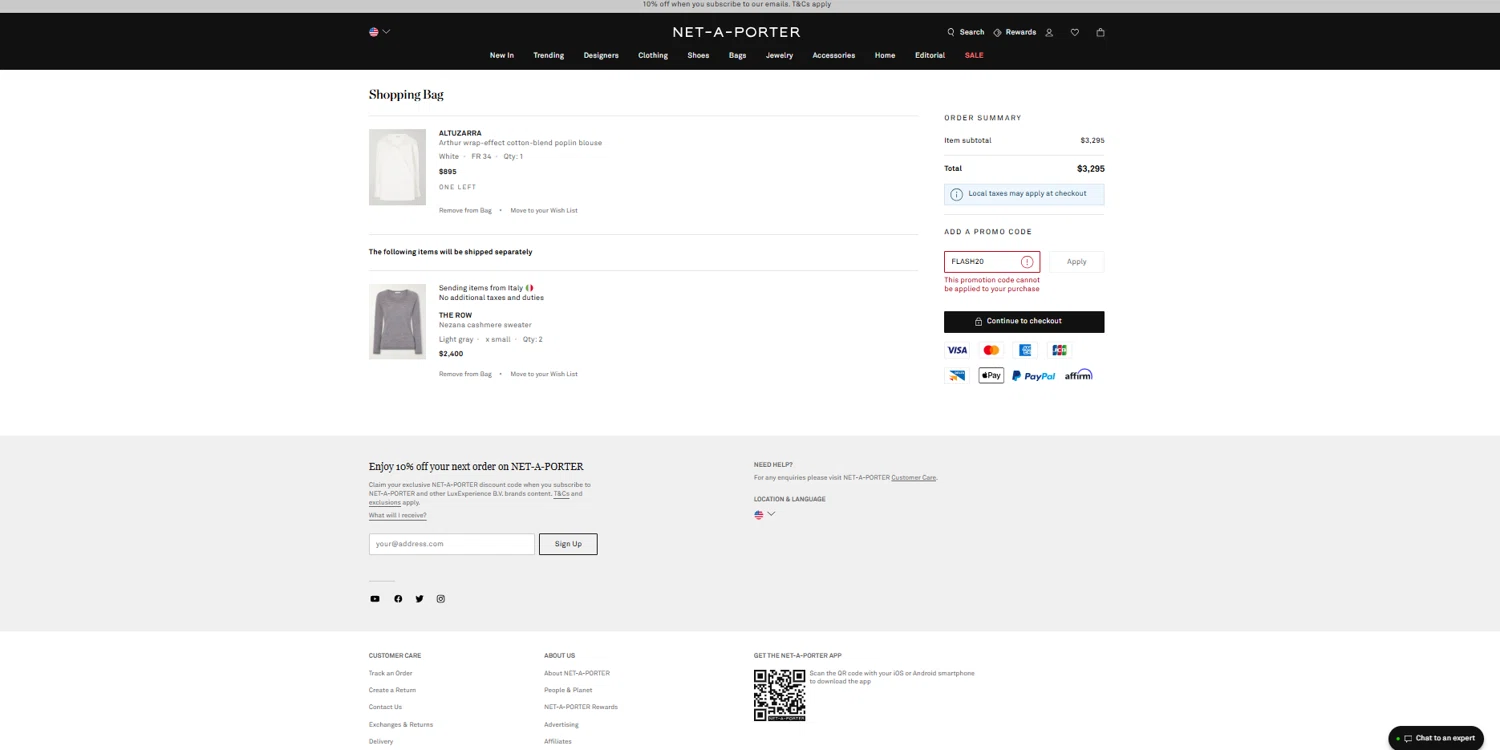 Net-A-Porter promo code screenshot showing code FLASH20 applied at Net-A-Porter checkout page. Uploaded by SimplyCodes community member reggiesmith on Feb 18, 2026
