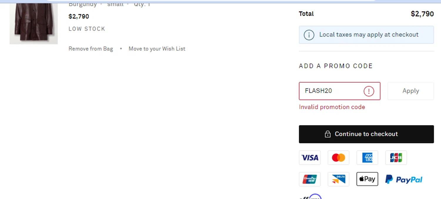 Net-A-Porter promo code screenshot showing code FLASH20 applied at Net-A-Porter checkout page. Uploaded by SimplyCodes community member taylersmith on Jan 31, 2026