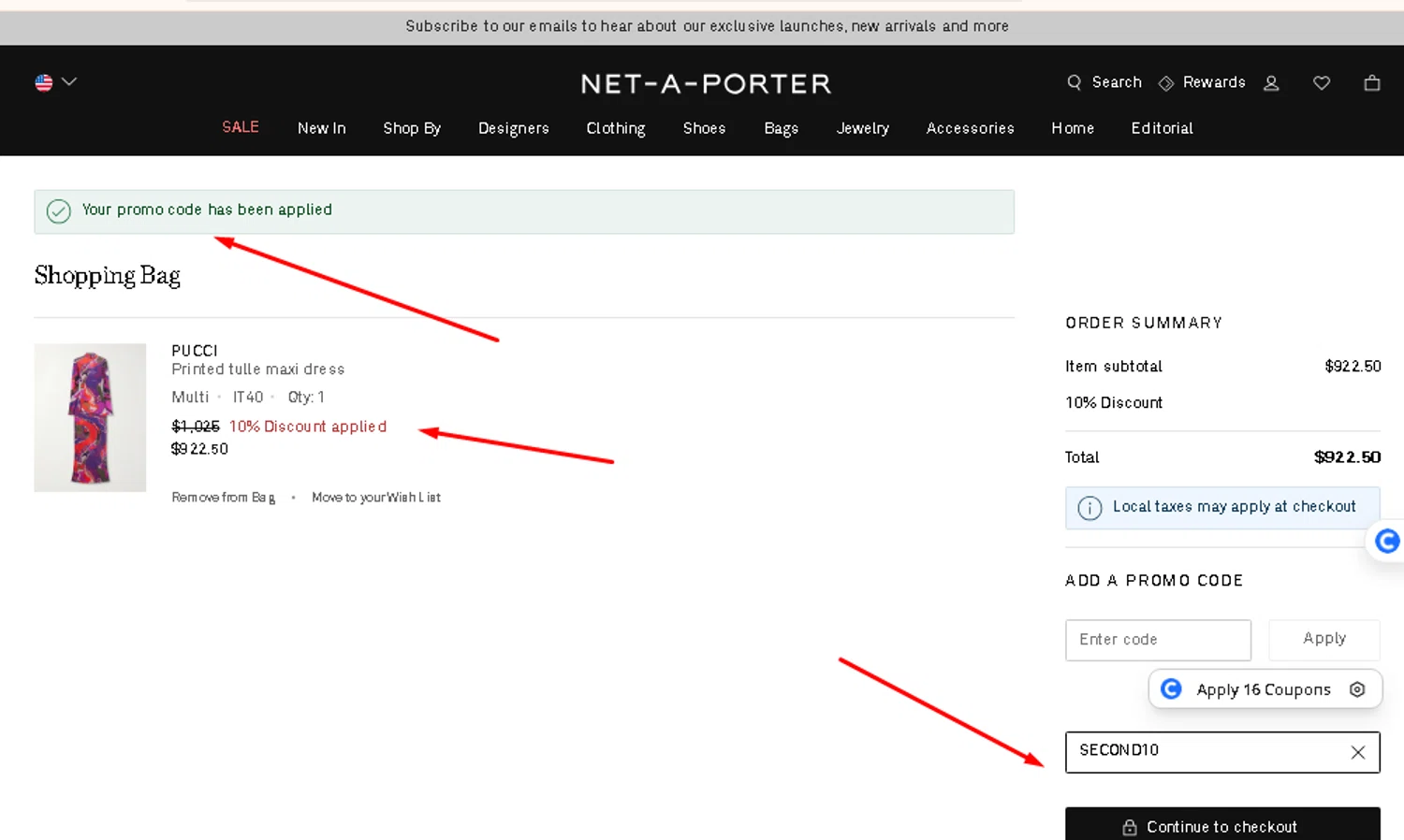 Net-A-Porter promo code screenshot showing code SECOND10 applied at Net-A-Porter checkout page. Uploaded by SimplyCodes community member AMANDA2681 on Dec 27, 2025