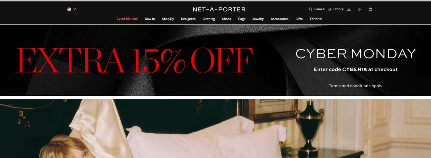 Net-A-Porter promo code screenshot showing code CYBER15 applied at Net-A-Porter checkout page. Uploaded by SimplyCodes community member Aresss on Dec 1, 2025