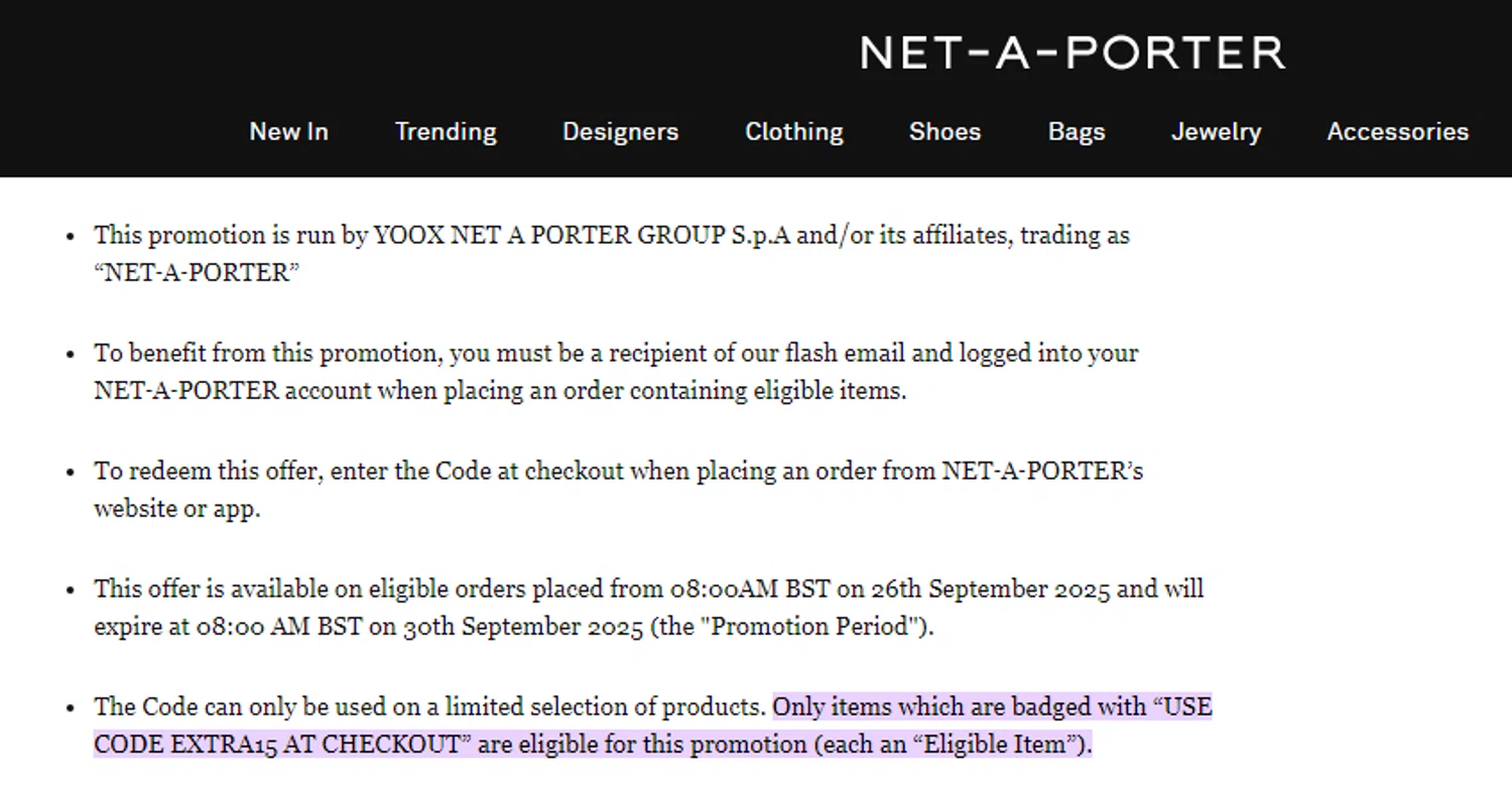 Net-A-Porter promo code screenshot showing code EXTRA15 applied at Net-A-Porter checkout page. Uploaded by SimplyCodes community member RonaldAcunaJr on Jan 26, 2026