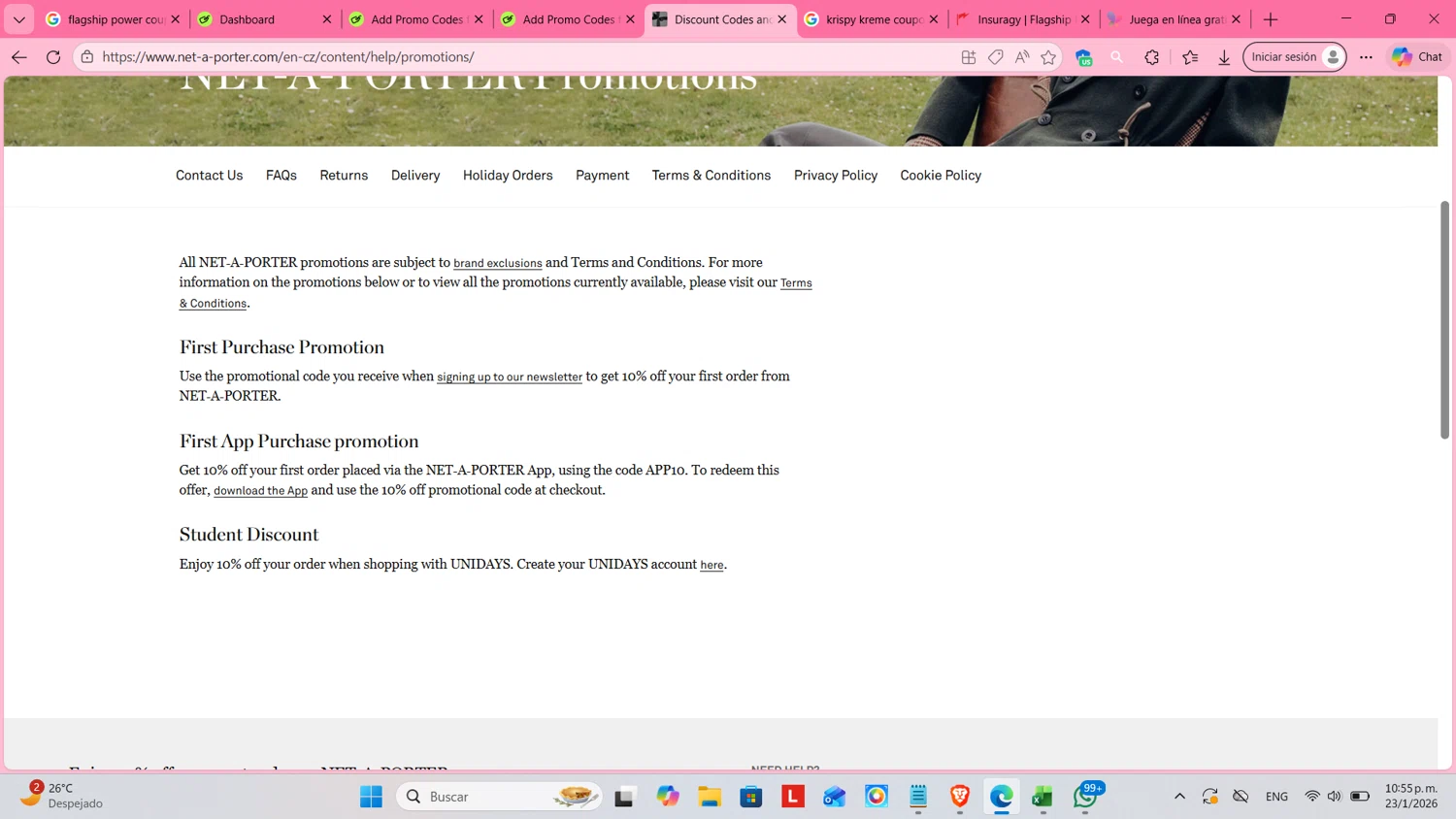 Net-A-Porter promo code screenshot showing code APP10 applied at Net-A-Porter checkout page. Uploaded by SimplyCodes community member cosita on Jan 24, 2026