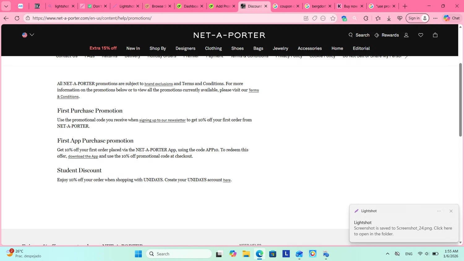 Net-A-Porter promo code screenshot showing code APP10 applied at Net-A-Porter checkout page. Uploaded by SimplyCodes community member cosita on Jan 6, 2026