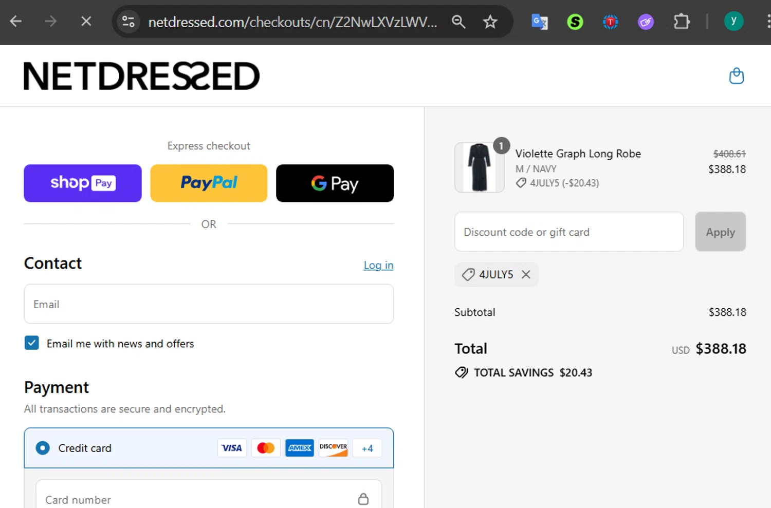 Netdressed discount code screenshot showing code 4JULY5 applied at Netdressed checkout page. Uploaded by SimplyCodes community member 502312 on Jul 4, 2025